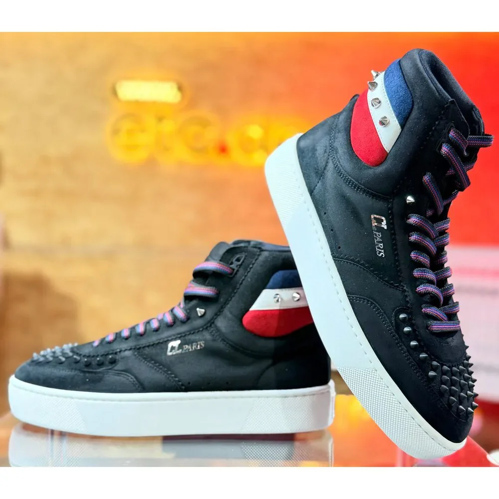 Christian Louboutin Men’s High-Top Spiked Sneakers Black Suede Red Blue EU 41